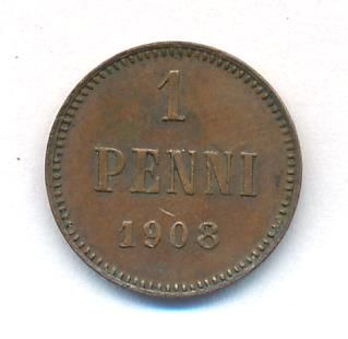 1 пенни 1908 г. Для Финляндии (Николай II). (1 пенни. 1908)