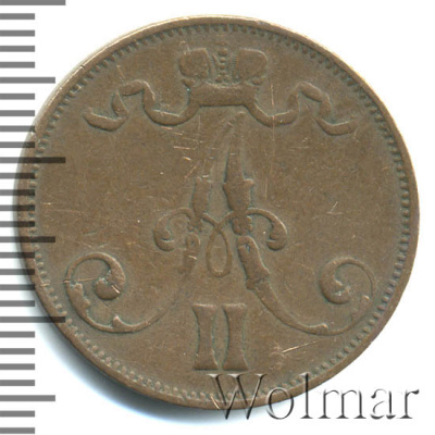 5 пенни 1875 г. Для Финляндии (Александр II). (5 пенни. Финляндия 1875г. Cu.)