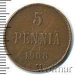 5 пенни 1908 г. Для Финляндии (Николай II). (5 пенни. Финляндия 1908г. Cu.)