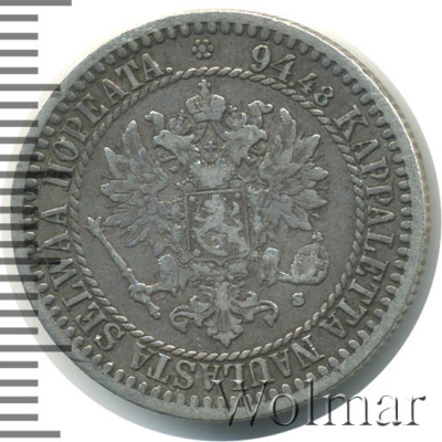 1 марка 1865 г. S. Для Финляндии (Александр II). (1 марка. Финляндия 1865г. S. Ag.)