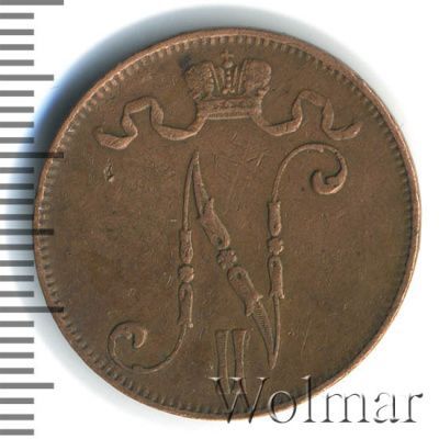 5 пенни 1907 г. Для Финляндии (Николай II). (5 пенни. Финляндия 1907г. Cu.)