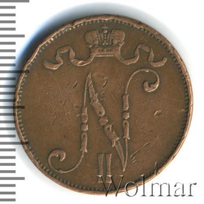 5 пенни 1908 г. Для Финляндии (Николай II). (5 пенни. Финляндия 1908г. Cu.)