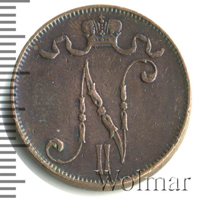 5 пенни 1907 г. Для Финляндии (Николай II). (5 пенни. Финляндия 1907г. Cu.)