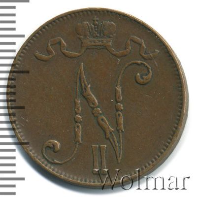 5 пенни 1908 г. Для Финляндии (Николай II). (5 пенни. Финляндия 1908г. Cu.)