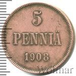 5 пенни 1908 г. Для Финляндии (Николай II). (5 пенни. Финляндия 1908г. Cu.)