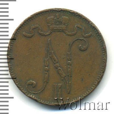 5 пенни 1907 г. Для Финляндии (Николай II). (5 пенни. Финляндия 1907г. Cu.)