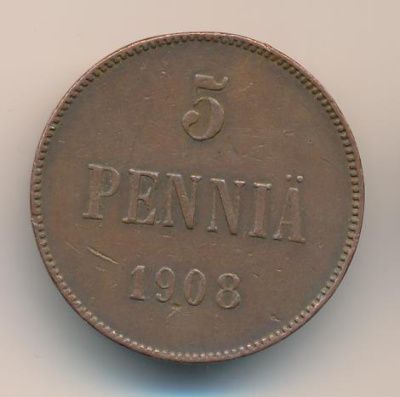 5 пенни 1908 г. Для Финляндии (Николай II). (5 пенни. 1908)