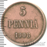 5 пенни 1908 г. Для Финляндии (Николай II). (5 пенни. Финляндия 1908г. Cu.)