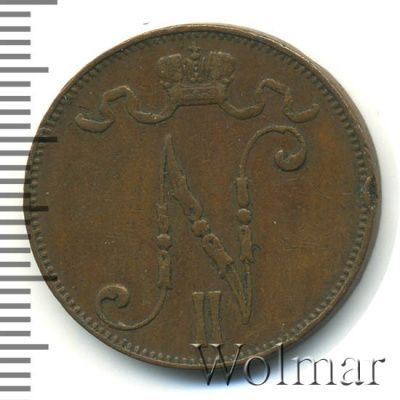 5 пенни 1907 г. Для Финляндии (Николай II). (5 пенни. Финляндия 1907г. Cu.)