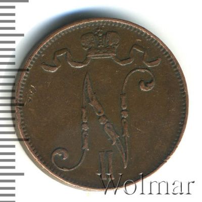 5 пенни 1908 г. Для Финляндии (Николай II). (5 пенни. Финляндия 1908г. Cu.)