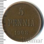 5 пенни 1908 г. Для Финляндии (Николай II). (5 пенни. Финляндия 1908г. Cu.)