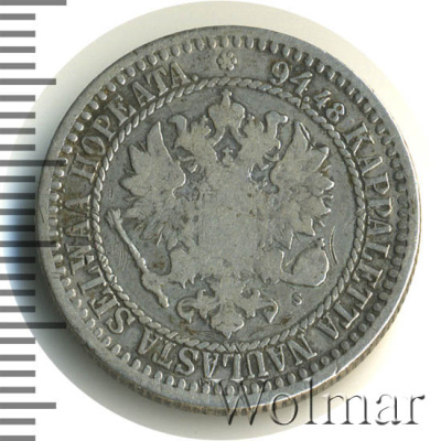 1 марка 1866 г. S. Для Финляндии (Александр II). (1 марка. Финляндия 1866г. S. Ag.)