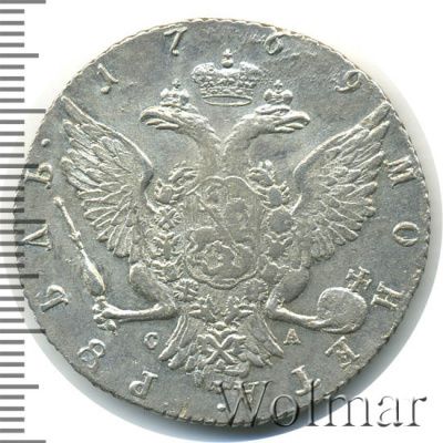 1 рубль 1769 г. СПБ СА. Екатерина II. Санкт-Петербургский монетный двор (1 рубль 1769г. СПБ TI CA. Ag. Петров - 2,5 рубля.)