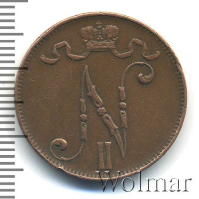 5 пенни 1907 г. Для Финляндии (Николай II). (5 пенни. Финляндия 1907г. Cu.)