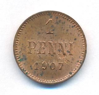 1 пенни 1907 г. Для Финляндии (Николай II). (1 пенни. 1907)