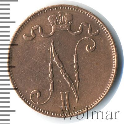 5 пенни 1907 г. Для Финляндии (Николай II). (5 пенни. Финляндия 1907г. Cu.)
