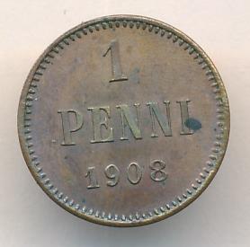 1 пенни 1908 г. Для Финляндии (Николай II). (1 пенни. 1908)
